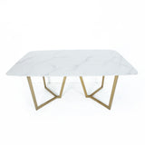 63 "Rectangle Table à manger en marbre en faux marbre blanc moderne avec double piédestal en or