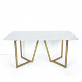 Mesa de comedor rectangular moderna de mármol blanco de 63" con pedestal doble en dorado