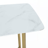 Mesa de comedor rectangular moderna de mármol blanco de 63" con pedestal doble en dorado