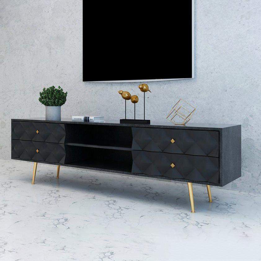 79" Black and Gold Mid-Century Wood TV Stand with Storage 4 Drawers & Shelves-Furniture,Living Room Furniture,TV Stands