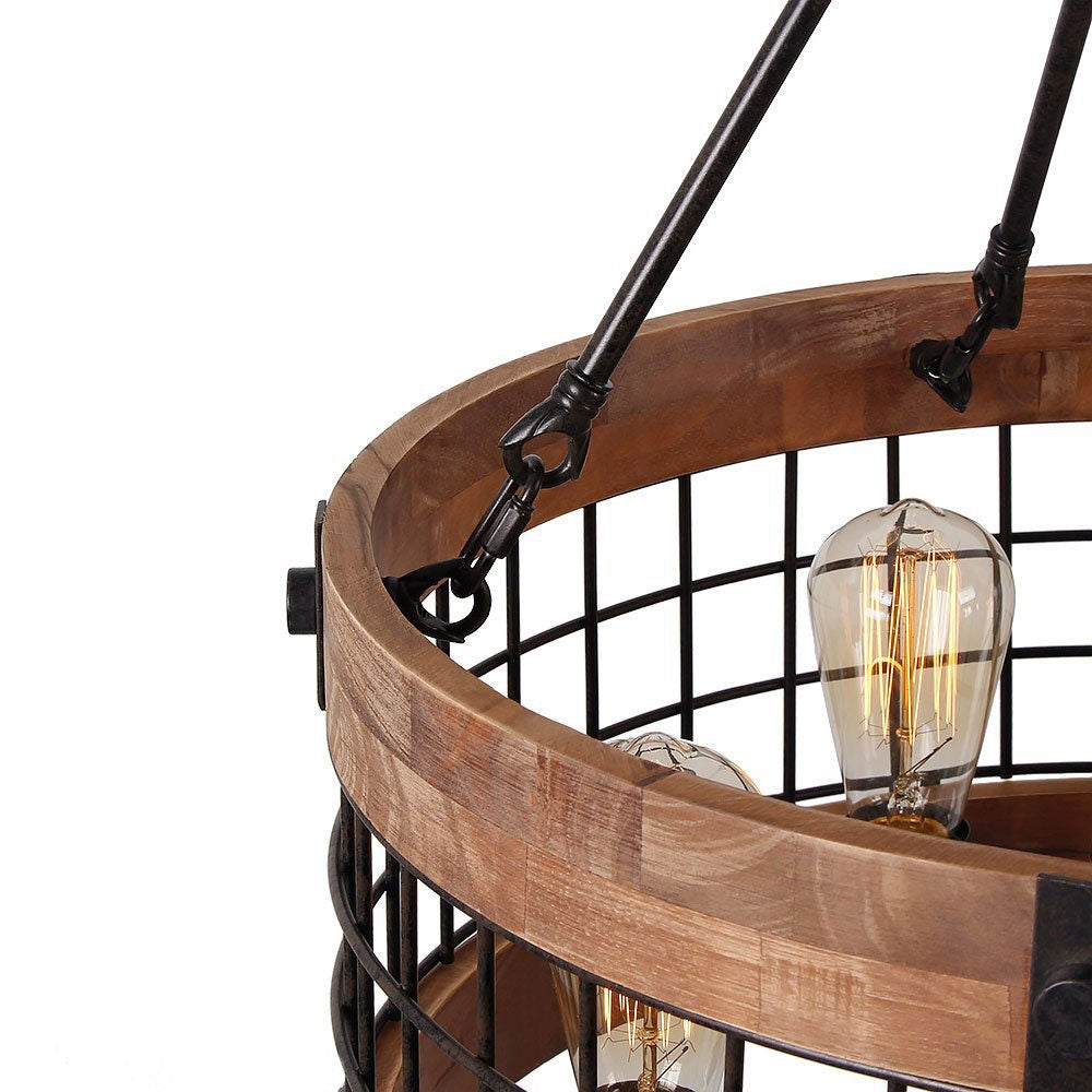 Farmhouse Wood Circular Chandelier Black Metal Cage 5-Light Exposed Bulbs