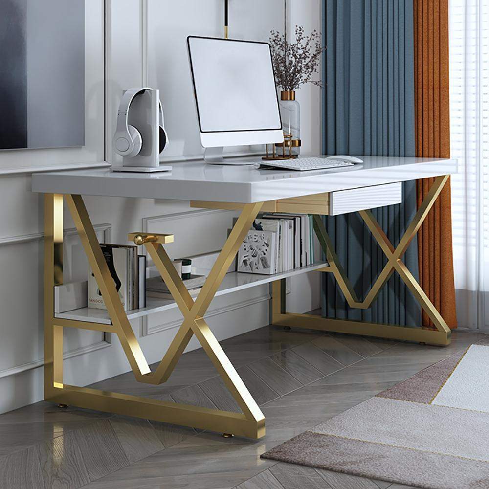Modern White Writing Desk with Drawer & Shelf Wood Top & Metal Frame-Desks,Furniture,Office Furniture