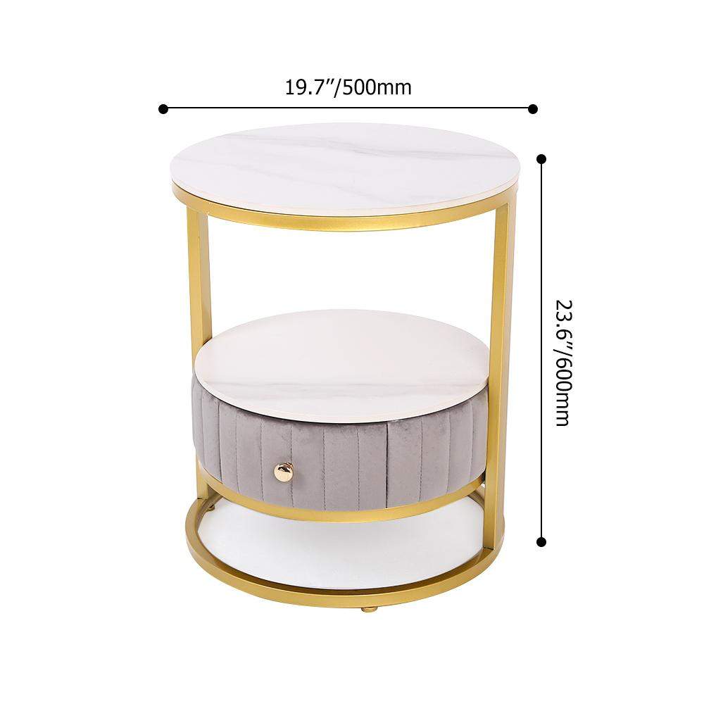 White Round Stone Side Table with Drawer Velvet Gold Finish-Richsoul-End &amp; Side Tables,Furniture,Living Room Furniture