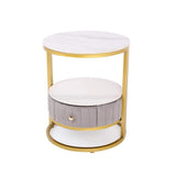 White Round Stone Side Table with Drawer Velvet Gold Finish-Richsoul-End &amp; Side Tables,Furniture,Living Room Furniture