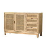47" Natural Sideboard Buffet Rattan Kitchen Buffet Cabinet with 2 Doors 2 Shelves 4 Drawers