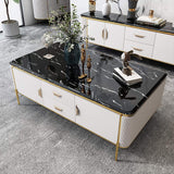 51" Rectangular Black Faux Marble Top Coffee Table with Storage  Drawers & Doors Gold Pull-Richsoul-Coffee Tables,Furniture,Living Room Furniture