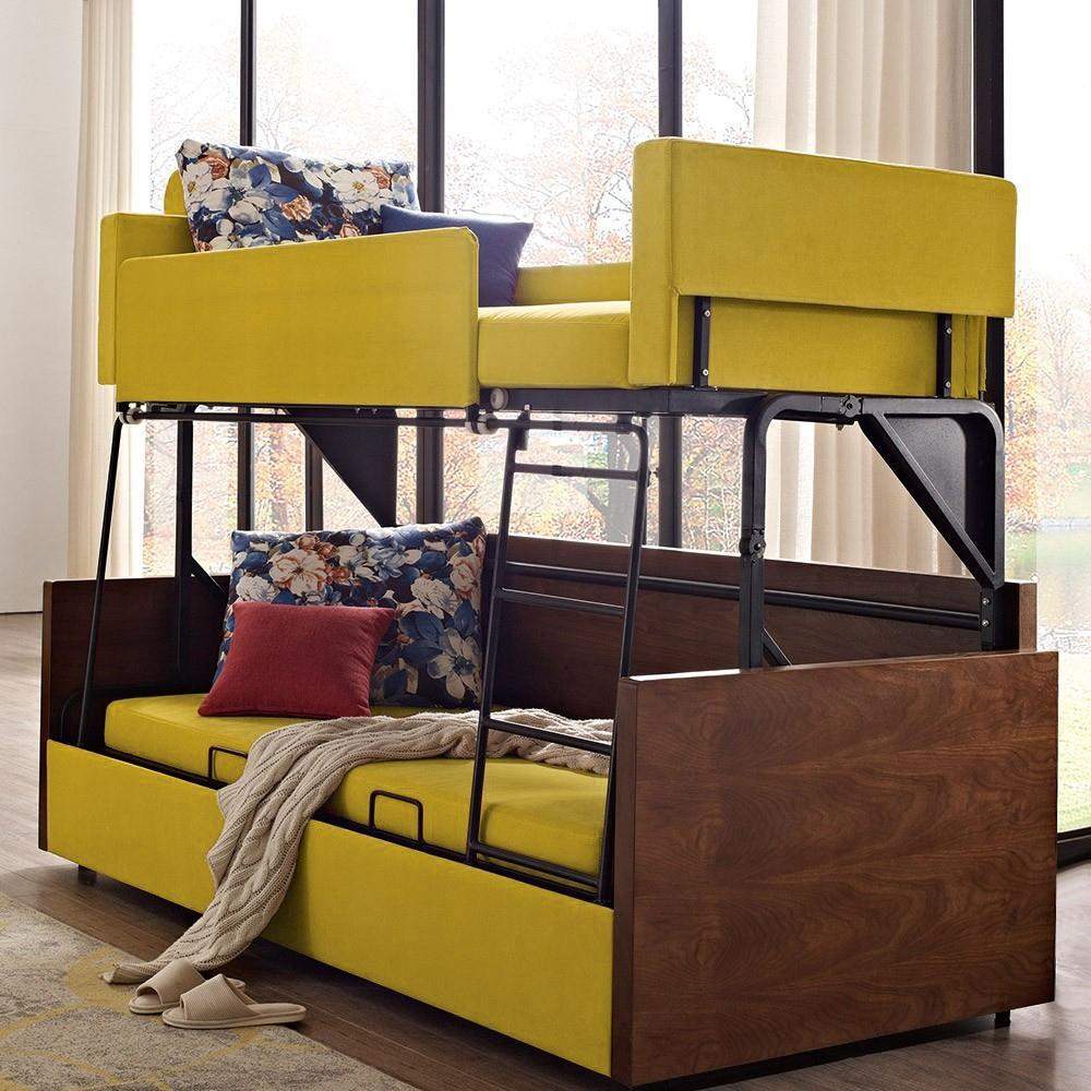 Modern Yellow Folding Wood Bunk Bed Sleeper Convertible Sofa Bed Pillows Included-Daybeds,Furniture,Living Room Furniture