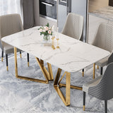 Modern Rectangle 63" Faux Marble Dining Table Gold Base Stainless Steel