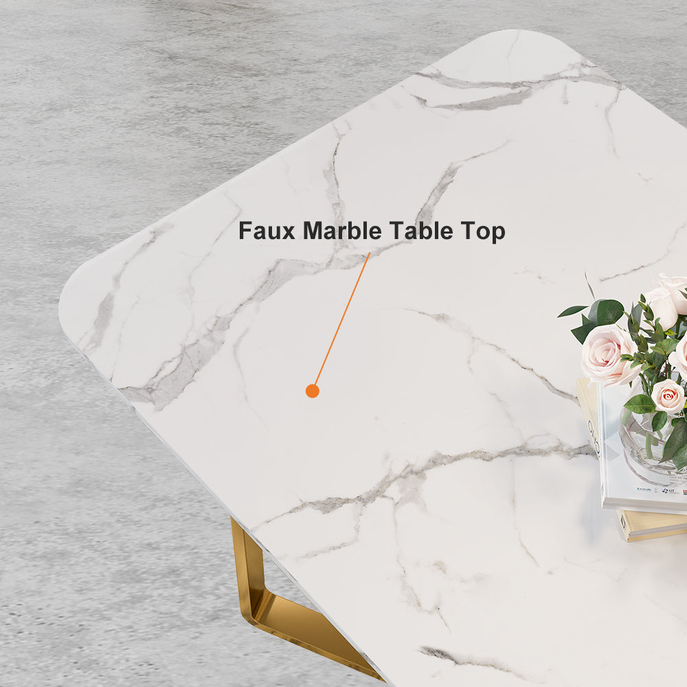 Marby Modern Rectangle 63 Faux Marble Dining Table Gold Base Stainless  Steel