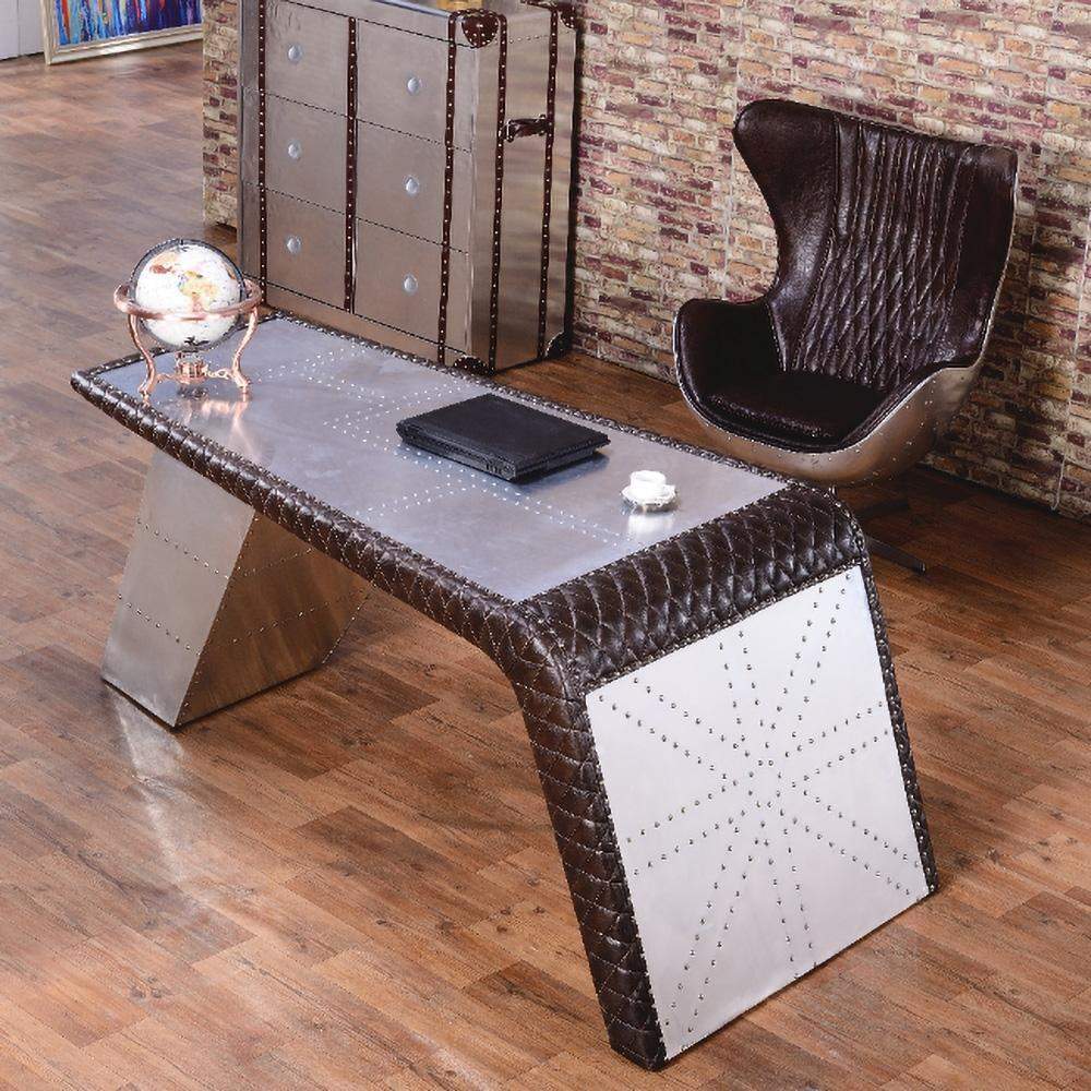 76" Aviator Desk with Storage Aluminum and Leather Office Desk-Desks,Furniture,Office Furniture