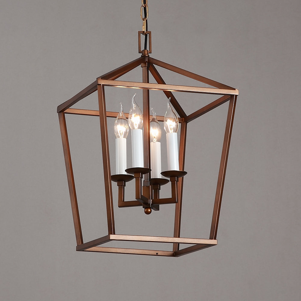 Vintage Geometric Cage Frame 4 Candle Light Kitchen Foyer Suspended Pendant Light in Rust