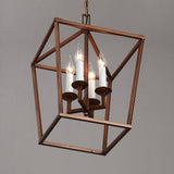 Vintage Geometric Cage Frame 4 Candle Light Kitchen Foyer Suspended Pendant Light in Rust
