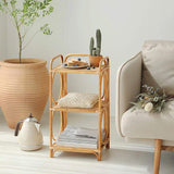 Farmhouse Wood Side Table with 3-Tier Rattan Woven End Table