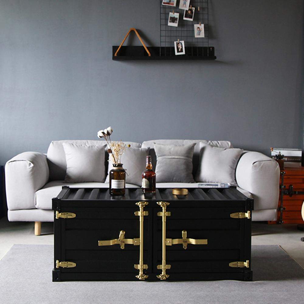 39" Cargo Container Industrial Style Black&Gold Coffee Table with Storage 2 Door-Richsoul-Coffee Tables,Furniture,Living Room Furniture