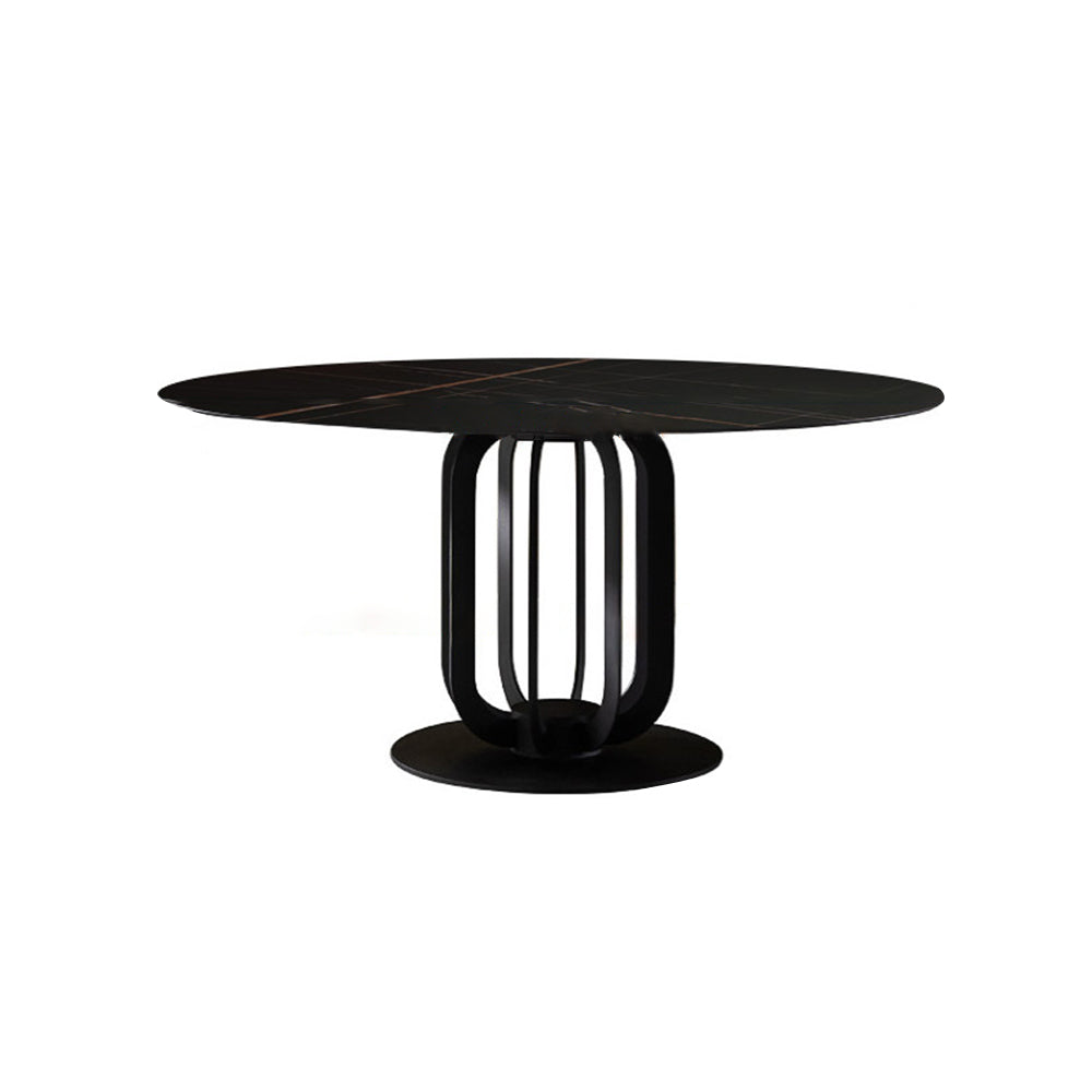 47" Round Stone Top Dining Table Carbon Steel Base in Black