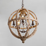 Retro Rustic Weathered Wooden Globe Caged Rust Metal Scroll Crystal 5-Light Chandelier Lighting