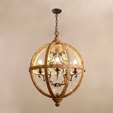 Retro Rustic Weathered Wooden Globe Caged Rust Metal Scroll Crystal 5-Light Chandelier Lighting