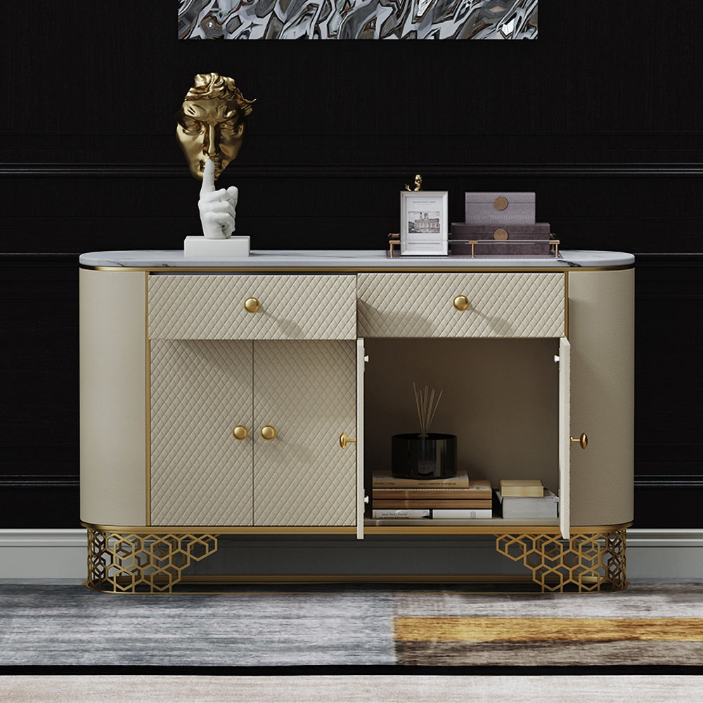 Sideboard Cabinet Faux Marble Faux Leather Upholstery with Storage Drawers&Doors