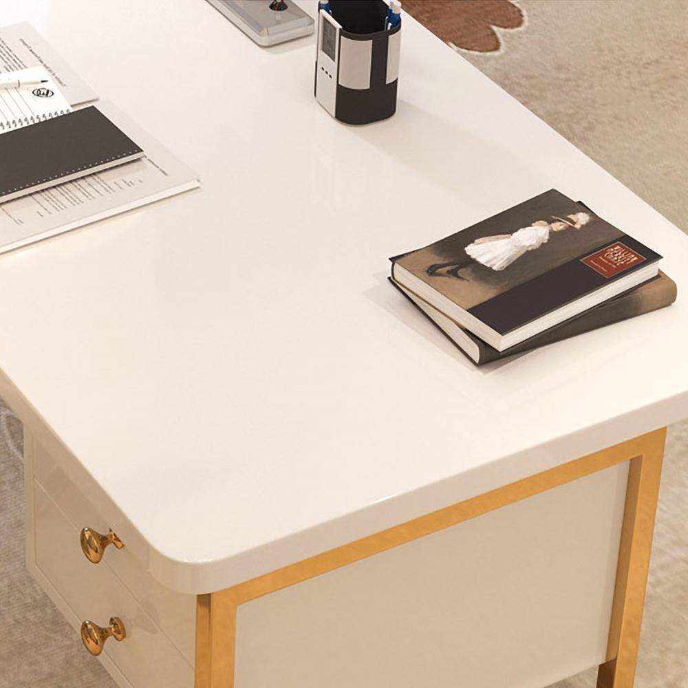 Hungled 71 Modern White Computer Desk Luxury Gold Office Desk with Storage  & 1 Cabinet