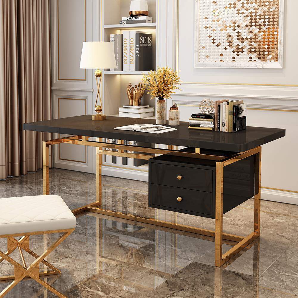 Hungled 71 Modern White Computer Desk Luxury Gold Office Desk with Storage  & 1 Cabinet