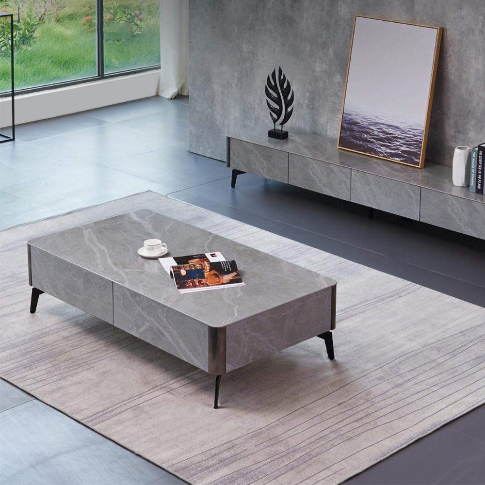 Rectangular Gray Storage Coffee Table Stone with 4 Drawers-Richsoul-Coffee Tables,Furniture,Living Room Furniture
