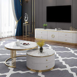 2 Pieces White Round Nesting Wooden Coffee Table with Drawers Faux Marble Top