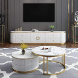 2 Pieces White Round Nesting Wooden Coffee Table with Drawers Faux Marble Top-Coffee Tables,Furniture,Living Room Furniture