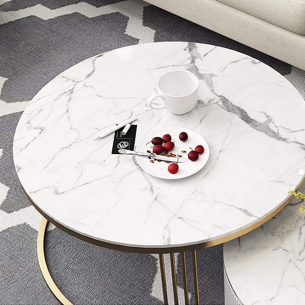 2 Pieces White Round Nesting Wooden Coffee Table with Drawers Faux Marble Top-Coffee Tables,Furniture,Living Room Furniture
