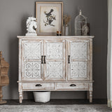 Farmhouse Distressed White Cabinet Artistic Surface with 2 Doors 2 Drawers 2 Shelves