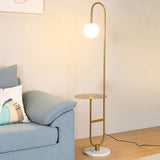 60" Moderne Bogen-Stehlampe mit Regal in Gold mit Glasschirm und Marmorsockel