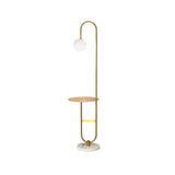 60" Moderne Bogen-Stehlampe mit Regal in Gold mit Glasschirm und Marmorsockel