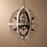 Lámpara de araña de 5 luces de cristal de orbe de metal con globo de madera desgastada rústica retro en tamaño grande