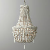 Bauernhaus-Kronleuchter mit drei Lichtern und Perlen in Antik-Weiß