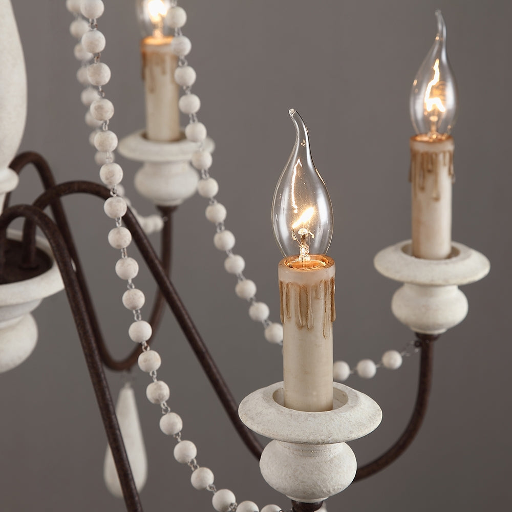 French Country Candle-Style 8-Light Wood Bead Swag 1-TierWooden Chandelier White