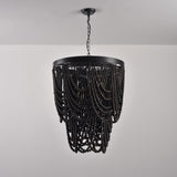 Lámpara de araña rústica de 3 luces en cascada con cuentas de madera marrón oscuro en negro mate