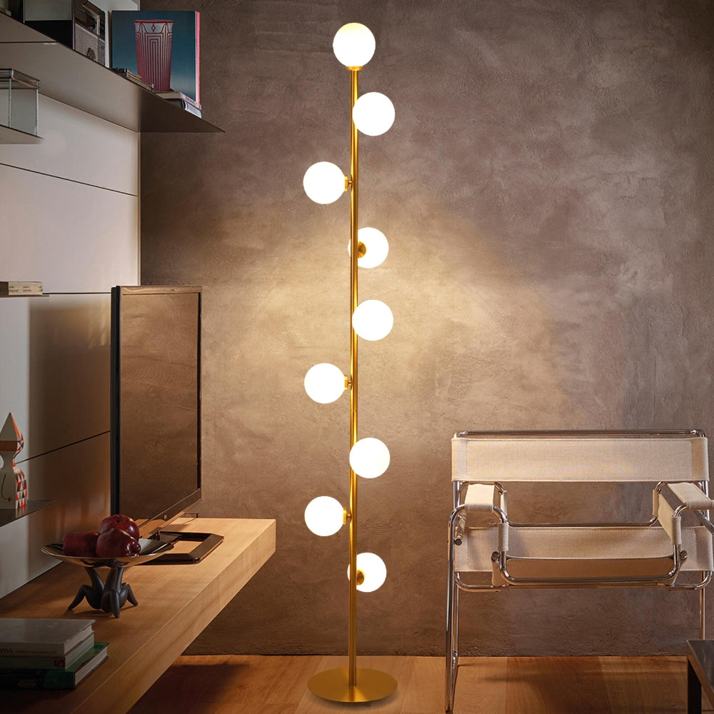 Moderne LED Gold 9-Licht Baum Stehlampe Weiße Glaskugel – Wehomz