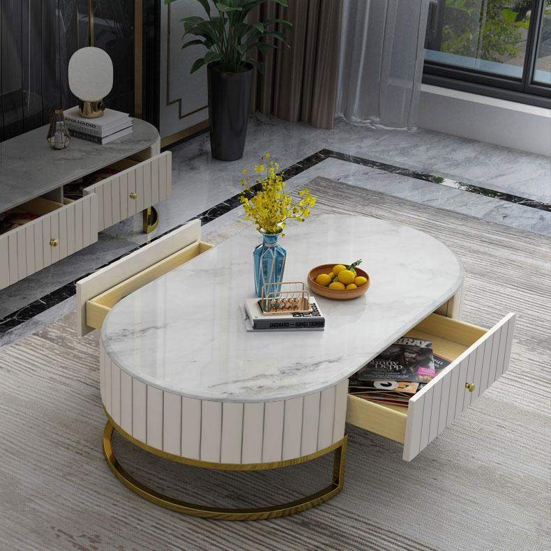 47.6" Modern Oval Faux Marble Top Coffee Table with 2 Drawers Gold Metal Base in White-Coffee Tables,Furniture,Living Room Furniture