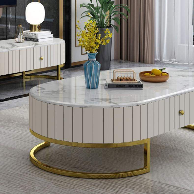 47.6" Modern Oval Faux Marble Top Coffee Table with 2 Drawers Gold Metal Base in White-Coffee Tables,Furniture,Living Room Furniture