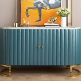 Aparador moderno de lujo con 2 puertas y estructura de acero inoxidable con superficie de mármol en gabinete dorado, mesa de buffet, azul y blanco