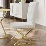 Juego de 2 sillas de comedor modernas de cuero blanco tapizadas con patas doradas