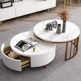 White&Walnut Round Nesting Coffee Table with Storage Rotating Top in Rose Gold Set of 2-Richsoul-Coffee Tables,Furniture,Living Room Furniture