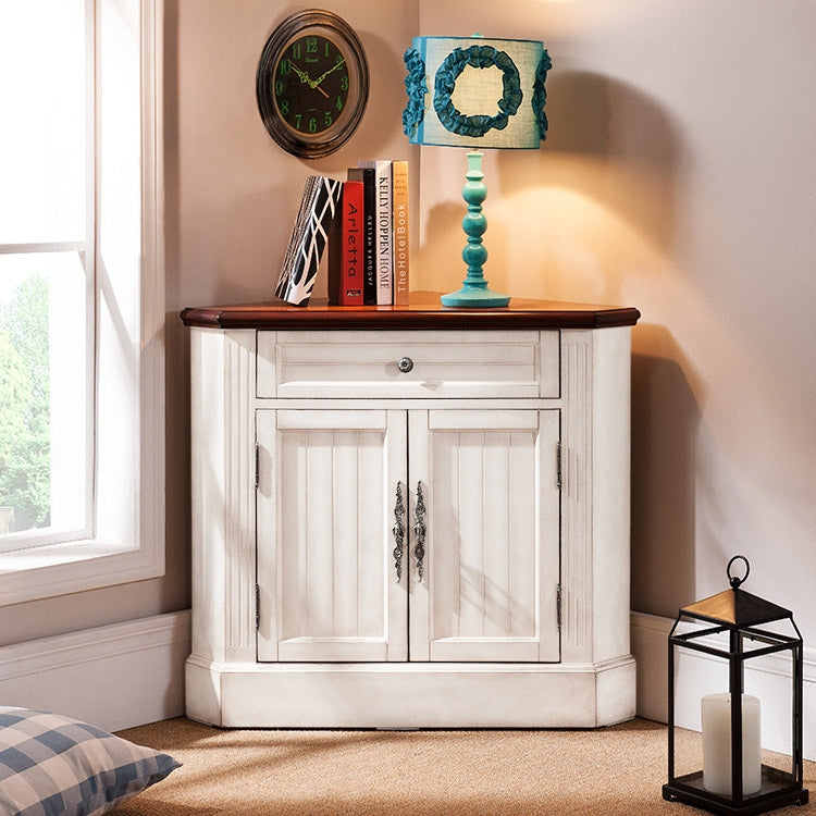 Farmhouse Corner Accent Cabinet Distressed Triangle Cabinet with Doors White