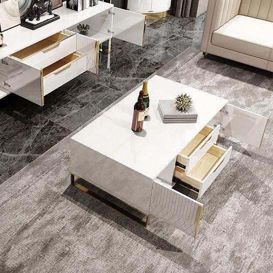 White Rectangular Coffee Table with Storage of Drawers & Doors in Gold-Richsoul-Coffee Tables,Furniture,Living Room Furniture