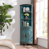 Mueble esquinero vintage antiguo de madera tallada con cajón y estante en azul Curio de Adame