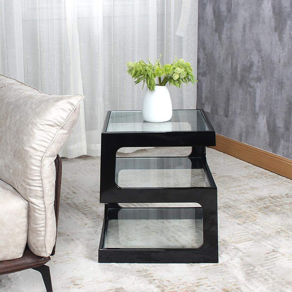 Modern Glass Side Table with 3 Tiers S-shaped End Table in Walnut-Richsoul-End &amp; Side Tables,Furniture,Living Room Furniture