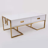 Jocise Contemporary White Rectangular Coffee Table with Drawers Lacquer Gold Base-Richsoul-Coffee Tables,Furniture,Living Room Furniture