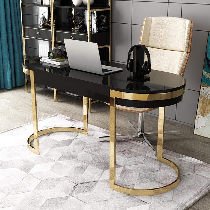 Modern Office Writing Desk with 2 Drawers Stainless Steel Legs Lacquer Oval Desk-Desks,Furniture,Office Furniture