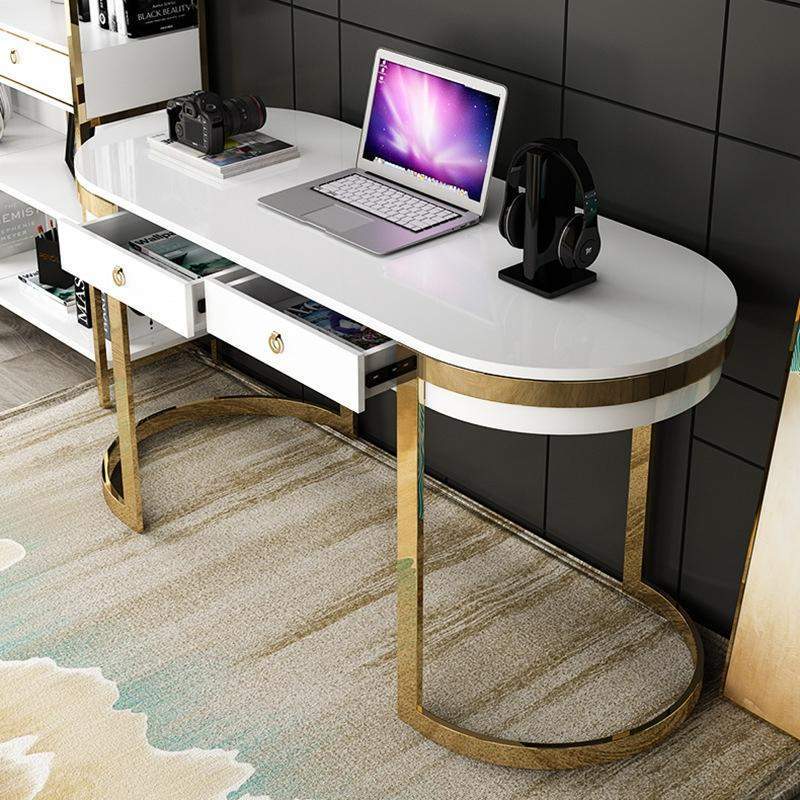 Modern Office Writing Desk with 2 Drawers Stainless Steel Legs Lacquer Oval Desk-Desks,Furniture,Office Furniture