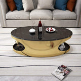 Oval Black Faux Marble Gold Coffee Table with Storage Stainless Steel Modern Accent Table-Richsoul-Coffee Tables,Furniture,Living Room Furniture