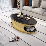 Oval Black Faux Marble Gold Coffee Table with Storage Stainless Steel Modern Accent Table-Richsoul-Coffee Tables,Furniture,Living Room Furniture